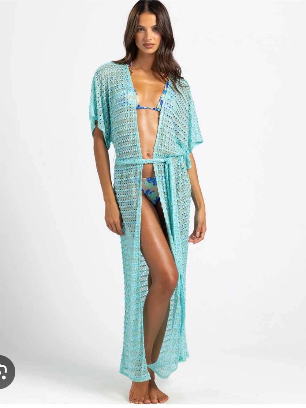 Beach Bunny Aqua Crochet Maxi Cover-Up with Tie Waist